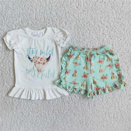 Clothing Sets Summer Fashion Letters Cartoon Print Baby White Short Sleeve Girls Children Boutique Outfits
