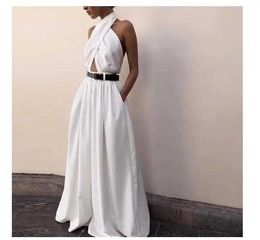 Women's Jumpsuits Rompers 2022 Summer Women Jumpsuits Sexy Elegant Backless Halter White Rompers Fe Solid Wide Leg Loose Pants Overalls Jumpsuits d240507