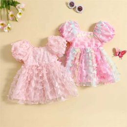 Sukienki dziewczynki 0-5Y Summer Childrens Dziewczyna Księżniczka sukienka dla dzieci sukienka księżniczka mini dupek sukienka 3D Butterfly Sheer A-Line Sun Dressl240508