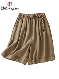 Women's Shorts Summer Women Cotton Linen Casual High Waist Baggy With Belt Korean Bloomers Black Oversize Female Short Pants