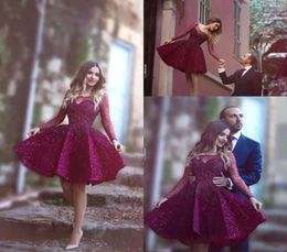 Stunning 2019 Girls Cocktail Party Dresses Bateau Neck Long Sleeve Puffy Skirt Shiny Sequined Fabric Burgundy Short Prom Dresses9771856