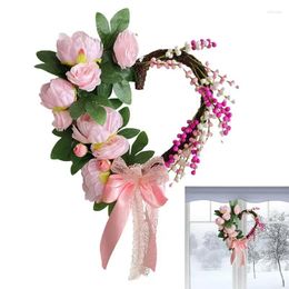 Decorative Flowers Valentines Day Wreath Artificial Heart Shaped Welcome Door Sign Spring Festival Hangings Decor For