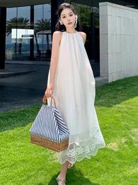 Casual Dresses Summer Fashion White Loose Lace Pleated Long Women Sexy Slim Sleeveless Vacation Party Dress 2024 Female Simplicity
