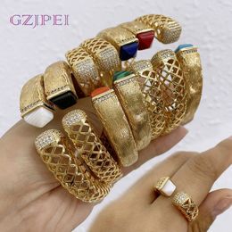 Dubai Cuff Bangle Gold Color Bracelet Ring For Women Luxury Zircon Jewelry Bride Wedding Party Gift Exquisite Accessories 240428