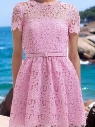 Party Dresses 2024 Summer Lace Women Pink Mini Dress Short-sleeved Round Neck Sweet Robe With Sashes