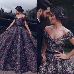 Modest New Arrival Ball Gown Evening Off Shoulder Sequins Formal Dresses Backless Floor Length Party Gowns 0508