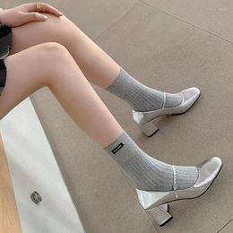 Dress Shoes 2024 Designers Women Silver Heels Mary Jane Shallow One Line Buckle Thick Heel Ladies Elegant Fashion Pumps Summer