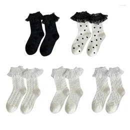 Women Socks JK Girl Ruffle Lace Trim Cotton Calf Geometric Pattern Frilly