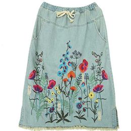 Skirts Spring Midi denim womens loose embroidery casual fashion retro floral art jeans skiing 2019L2405