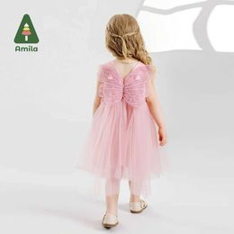 Girl's Dresses Amila 2024 Summer New Girl Dress Three way Butterfly Back Pressure Flower Sweet Mesh Sleeveless Dress 0-6YL240508