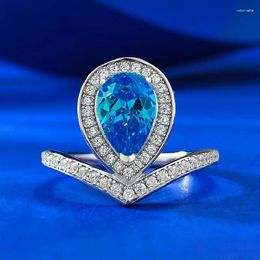 Cluster Rings S925 Silver Ring Coronation 6 9mm Water Drop Crown Sea Blue Treasure Zircon Fashion Versatile Boutique Jewelry For Women