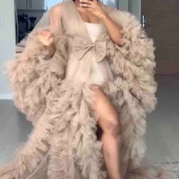 Nude Illusion Ruffles Tulle Long Sleeve Women Winter Sexy Kimono Pregnant Party Sleepwear Women Bathrobe Sheer Nightgown Robe 287K