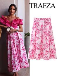 Skirts TRAFZA Womens Elegant and Unique High Waist Long Leather Womens Vintage Flower Print Back Zipper Folding Decoration Ultra thin Casual Skiing Y2KL2405