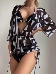 Women's Swimwear Separate Long Sleeve Mesh Three-piece Belted Drawstring Print Bikini