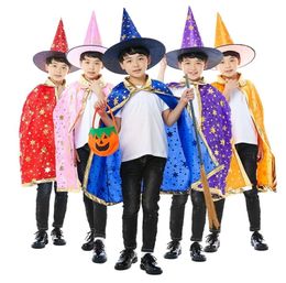 2pcsset Halloween Cape Cloak HoodWitch Hats Children Performer Magician Wizard Stamping Five Star Cloak Cape Poncho Hat Set3187612