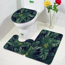 Tropical Leaves Bath Mat Set Green Palm Leaf Monstera Black Carpet Home Bathroom Decor Non Slip Rugs Ushaped Toilet Lid Cover 240508