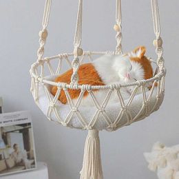 Cat Beds Furniture Hand-woven Summer Cat Hammock Bohemian Style Cotton Rope Hanging Swing Bed Sleeping Basket for Kitten Kitty House Pet Supplies d240508