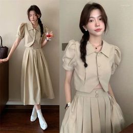 Work Dresses Two Piece Set For Women Summer Bubble Sleeve Top High Waist Pleated Half Skirt Fashion Korean Sweet Elegant 2 Vestidos