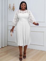 Plus Size Dresses Chic Snowsui Pleated Dress Hollow Out Lace Midi Puff Sleeve Spring Summer Elegant Fashion Party Birthday Gowns