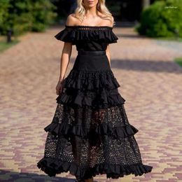 Party Dresses Wepbel Off-Shoulder Ruffled Maxi Dress Women Short Sleeve Hollow Wide Hem Lace High Waist Slim Fits Slash Collar