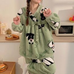 Women's Sleepwear Winter Fashion Casual Solid Warm Soft Nightgow Loose Pajamas With Pants Flannel Velvet Panda Green Button
