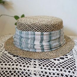 Wide Brim Hats Fashion Short Boater Hat Sea Grass Summer For Women Sun Straw Flat Top Band Beach Party