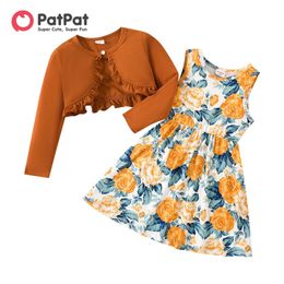 Girl's Dresses Pt 2-Piece Toddler Girl Pleated Cardigan and Floral Print Vest Setl240508