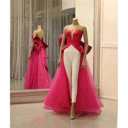 Backless Fashion Sexy Evening Sweetheart Rose Jumpsuits Ruched Prom Dresses With Big Bow Floor Length Formal Party Wear