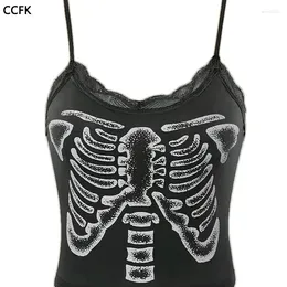 Women's Tanks Summer Women Crop Top Y2k Grunge Skull Print Lace Bodycon Camis Sexy Punk Corset Goth Tank Egirl Emo Scene Anime Tees