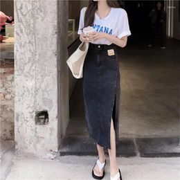 Skirts For Woman Midi Women's Skirt With Slit Clothes High Waist Denim Jeans In Summer 2024 Stylish Casual Fashion Quality V