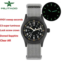 Wristwatches Militado 38mm Military Watch VH31 Quartz Movement C3 Super Luminous AR Coating Sapphire Crystal Waterproof 100M Watches ML05