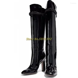 Boots Black Patent Leather High Heel Knee-high Block Slip On Twist Braid Decor Round Toe Custom Made Long