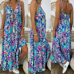 Casual Dresses Women Boho Floral Maxi Dress Party Strappy Cottagecore Summer Beach Holiday Spaghetti Strap Sundress Plus Size 3XL 4XL 5XL