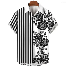Men's Casual Shirts 3D Print Striped Floral Graphics Fashion Button Short Sleeve Lapel Streetwear Hawaiian Blouse For Men Summer