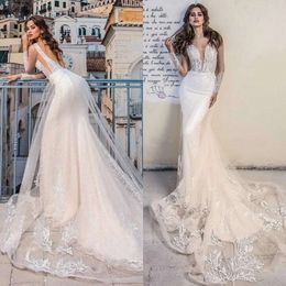 Long La Petra Mermaid New Arrival Sheer Sleeve Lace Appliques Bridal Gowns Sweep Train Wedding Dresses ce
