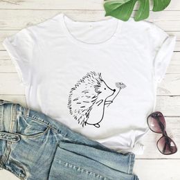 Women's T Shirts Hedgehog And Flower Tshirt Funny Women Graphic Animal Tee Shirt