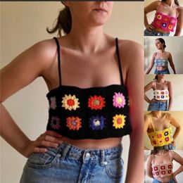 Women's Tanks Women Summer Sleeveless Square Neck Strappy Camisole Vests Ethnic Hollowed Crocheted Knitted Flower Beach Crop Tube Top