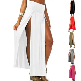 Skirts Solid Colour Maxi Long Skirt Elegant Lady Casual Plain Summer High Waist Loose Pleated Two Side Slit For Women