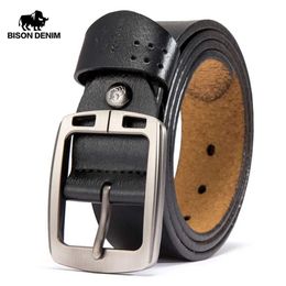 Belts BISON DENIM Mens Belts Cowhide Genuine Leather Pin Buckle Belts Jeans Male Vintage Waistband Strap Leather Belt For Men N70781 Y240507