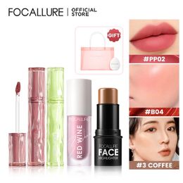 FOCALLURE 6 Pcs Makeup Set Lip Gloss Lipstick Face Blush Stick Bronzer Highlighter Makeup Pen Makeup Puff Cosmetics With PVC Bag 240508