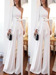 Two Pieces Wide Jumpsuit White Evening Dresses Women Pant Suits One Shoulder Poet Long Sleeve Casual Prom Party Gowns Custom Made5915530