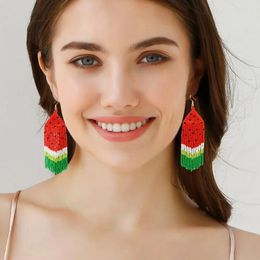 Dangle Earrings Watermelon Fruit Beaded Tassel Handmade Colourful Tiny Beads Jewellery Cute Bohemian Style Drop Summer