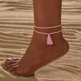 Anklets 2-piece Set Of Y2K Pink Rice Bead Tassel Women's Ankles