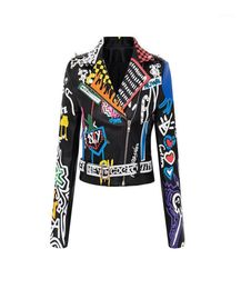 Women039s Jackets 2021 Leather Jacket Colorful Graffiti Print Biker And Coats Punk Streetwear Ladies Clothes Tops Female5198830