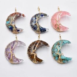 Pendant Necklaces Wholesale 6pcs/lot Fashion Natural Stone Handmade Tree Of Life Acrylic Moon Pendants For Men Women Jewelry