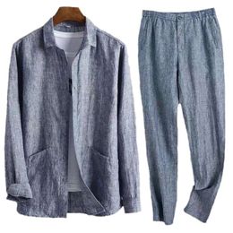 Linen Set Men's Spring/Summer Thin Loose Solid Colour Business Versatile Linen Breathable Casual Shirt Two Piece Set For Men