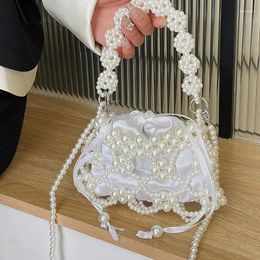 Totes Summer Hollow Weave Small Handbags Pearl Beaded Mini Bags For Women Prom Party Purse Clutch Beading Chain Shoulder Bag Crossbody