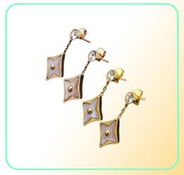 Exquisite Fashion Lady Titanium steel Tassels Single Diamond Pink Agate Four Leaf Flower 18k Gold Plated Dangle Earrings 3 Color8257465