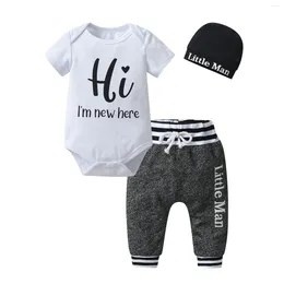 Clothing Sets Summer Infant Baby Boys Fashion Clothes Set Cotton Short Sleeve Romper Top With Letters Long Pants Hat 3pcs Born Outfit