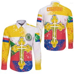 Men's Casual Shirts Africa Comoros Map Flag Graphic Long Sleeve For Men Clothes Patriotic Coat Of Arms Blouses Male Lapel Blouse Mens Shirt